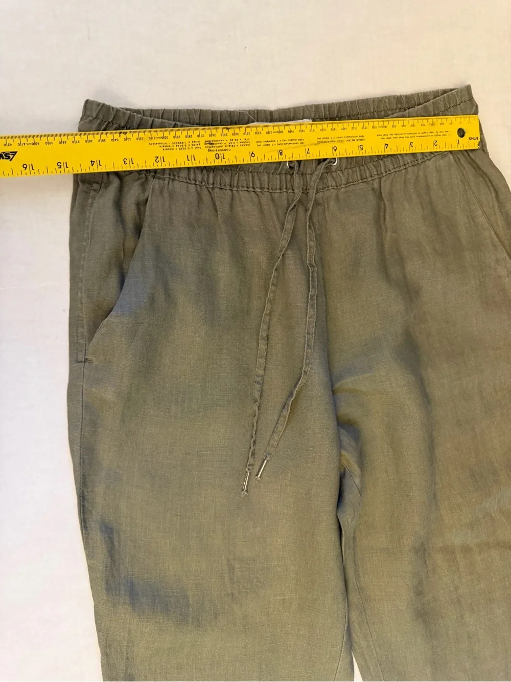 H&M khaki Green Drawstring 100% Linen Womens Pants Sz-6. FF13